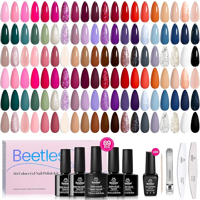 Beetles Gel Nail Polish Set - Transcendent Allure 60 Colors Gel Polish Kit Orange Burgundy Red Green Brown Blue White Black Purple Glitter with Base Top Coat UV LED Needed DIY Gifts for Women