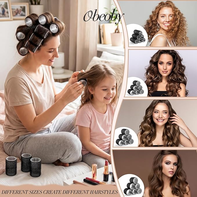 Obeoby 4 Sizes Hair Rollers for Women, Hair Curlers with Clips Comb Curlers for Long Short Curly Hair and Bangs (25, 36, 48, 60mm), Black
