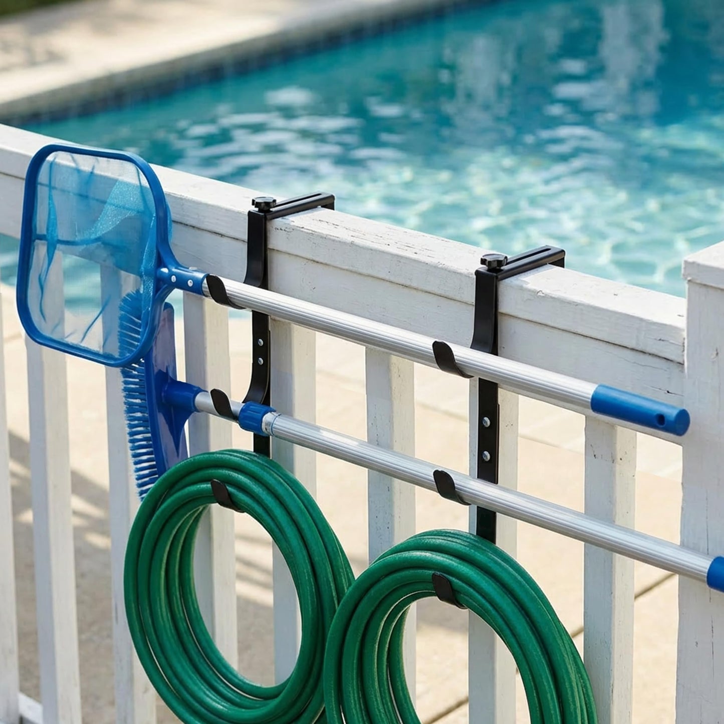 2 Pcs Black Pool Fence Hooks for Pool Equipment, Adjustable Pool Pole Hanger Holder, Rustproof Swimming Pools Skimmer Pole Hooks for Hanging Tool, Hose, Leaf Rakes, Nets Pool-Accessories (Black)