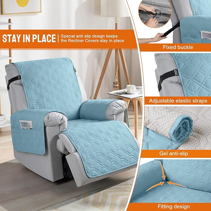VANSOFY 100% Waterproof Recliner Chair Covers, Recliner Cover Non-Slip Dog Chair Cover Furniture Protector Washable Slipcover with Pocket, Elastic Straps for Pets, Dogs(Azuree, 25")