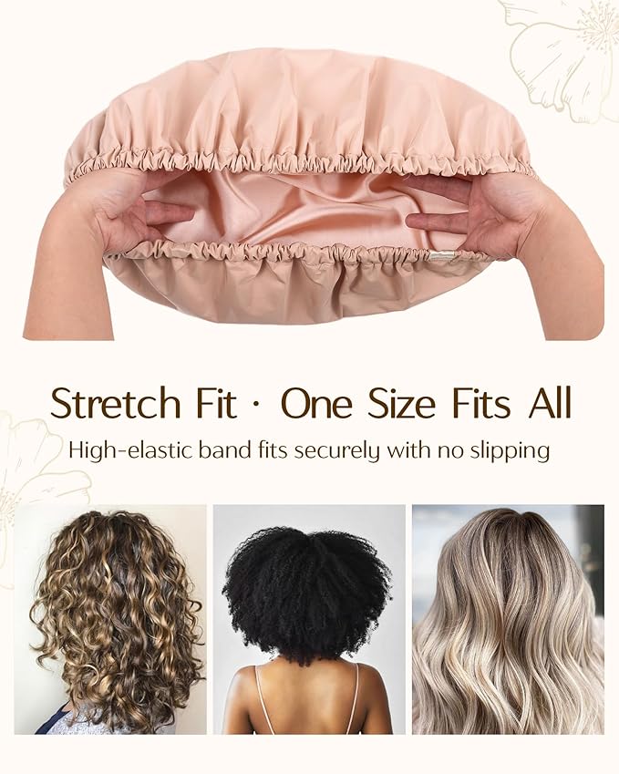 Yanibest Satin Lined Shower Cap for Women Reusable Waterproof, Frizz Free & Large Bath Cap with Soft Elastic Band, Luxury Hair Protection Caps (Peachy Pink)