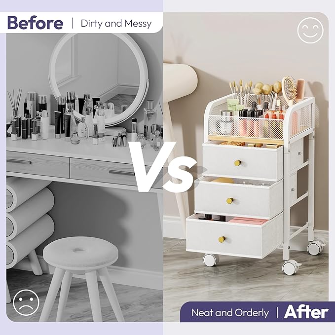 SWTYMIKI Rolling Makeup Organizer Cart - Under Desk Vanity Makeup Storage with 3 Non-woven Drawers, Nail Cart Organizer Cosmetic Display Cases Cabinet for Skin Care Perfume Nail Polish Brush Hair Tool