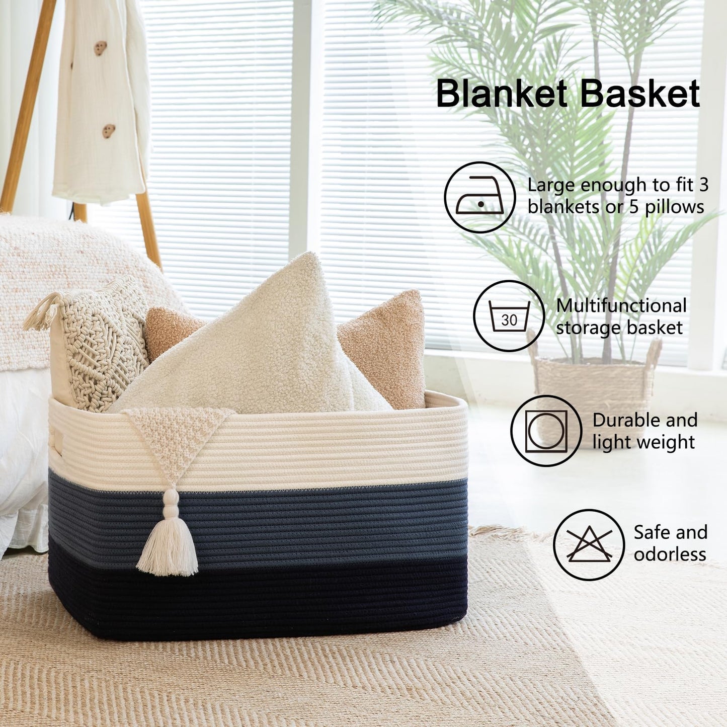 OIAHOMY 108L Super Large Blanket Basket, 25”x16”x16” Rectangle Woven Baskets for Storage, Cotton Rope Basket For Living Room, Toy Storage with Handle - Gradient Blue