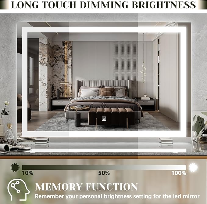 ROLOVE 32x 22 Inch Large Lighted Vanity Mirror with Dimmable 3 Modes, LED Makeup Mirror for Bathroom ＆ Dressing Room, Tabletop or Wall-Mounted, White