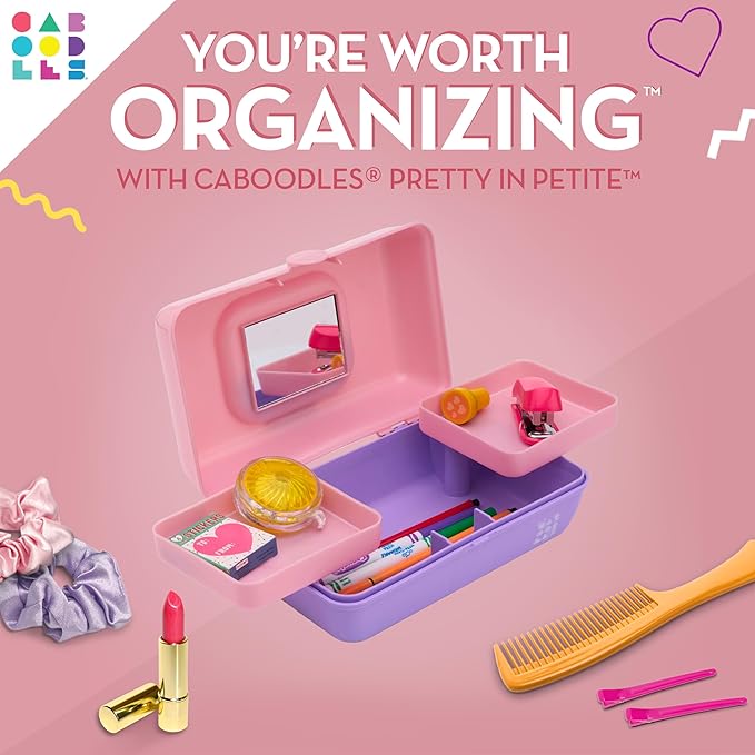 Caboodles Pretty in Petite Makeup Box, Two-Tone Pink on Lavender, Hard Plastic Organizer Box, 2 Swivel Trays, Fashion Mirror, Secure Latch for Safe Travel