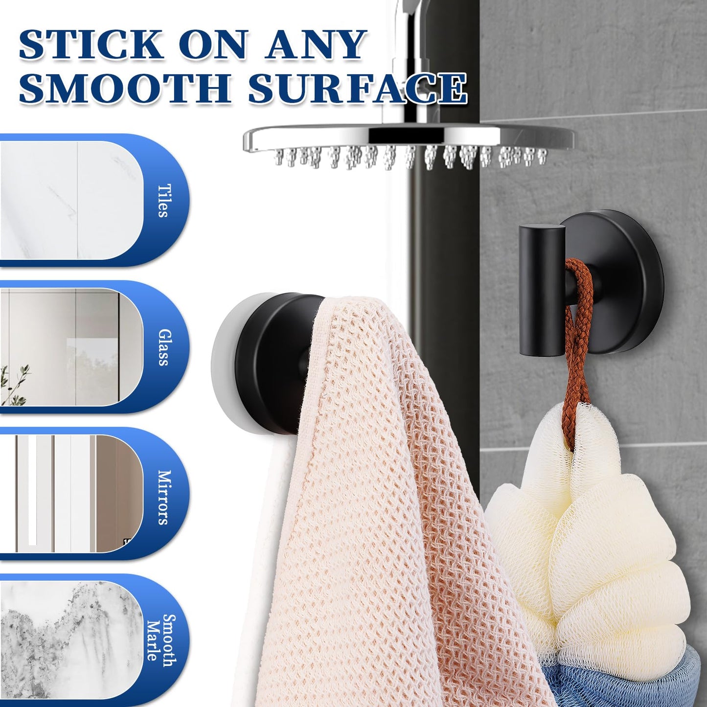 warlve Heavy Duty Reusable Suction Cup Hooks for Shower - No Drill Bathroom/Glass/Mirror/Tiles & Metal and Smooth Non-Porous Surfaces for Towels, Robes, Loofahs(4, Matte Black)