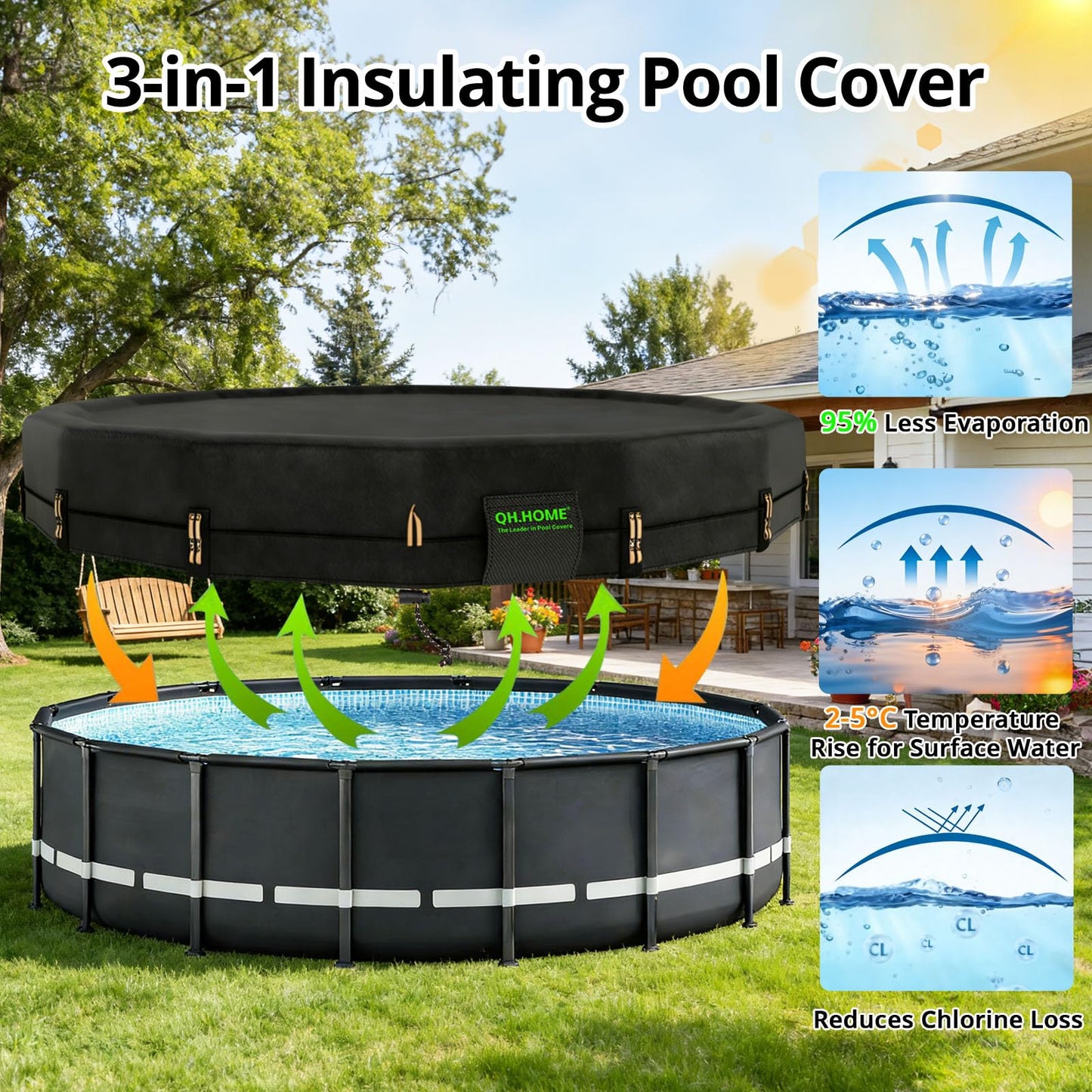 QH.HOME 550D 10 ft Pool Cover Round[Upgraded Tear Resistant & Quadruple Windproof] wth Pre-Installed Patented Winch and Rope, Pool Covers for Above Ground Pools-Snug Fit & Waterproof Protection