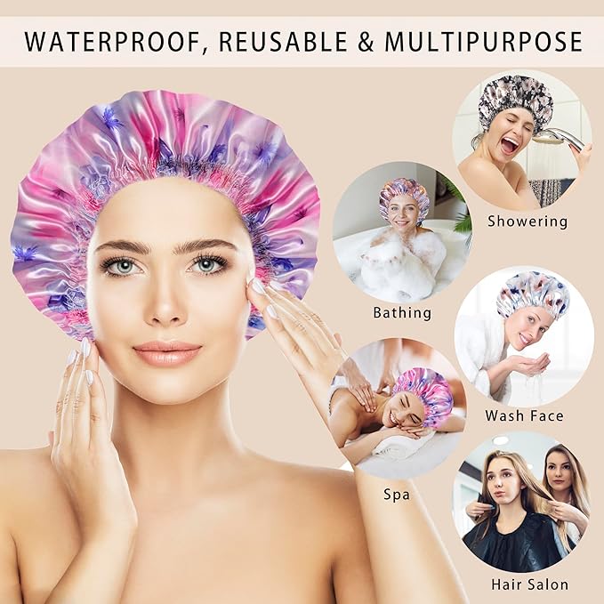 4 PCS Shower Caps for Women, 3D Printing Bath Caps, Double Layers Shower Cap Reusable Waterproof, Bathing Shower Caps, Environmental Protection Hair Bath Hat - Flower C