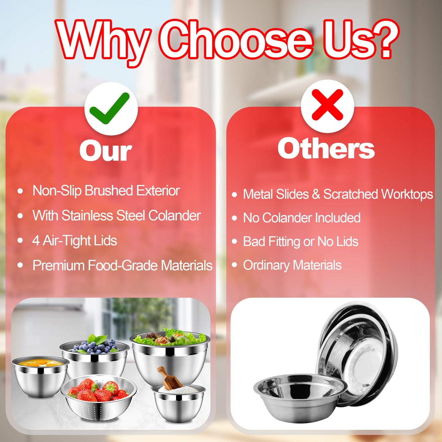 DUTZUN Mixing Bowls with Strainer, Mixing Bowl with Lids Set, Stainless Steel Mixing Bowls, Kitchen Gadgets 2025 Salad Bowls with Strainer for Mixing & Preping & Baking, Multicolor