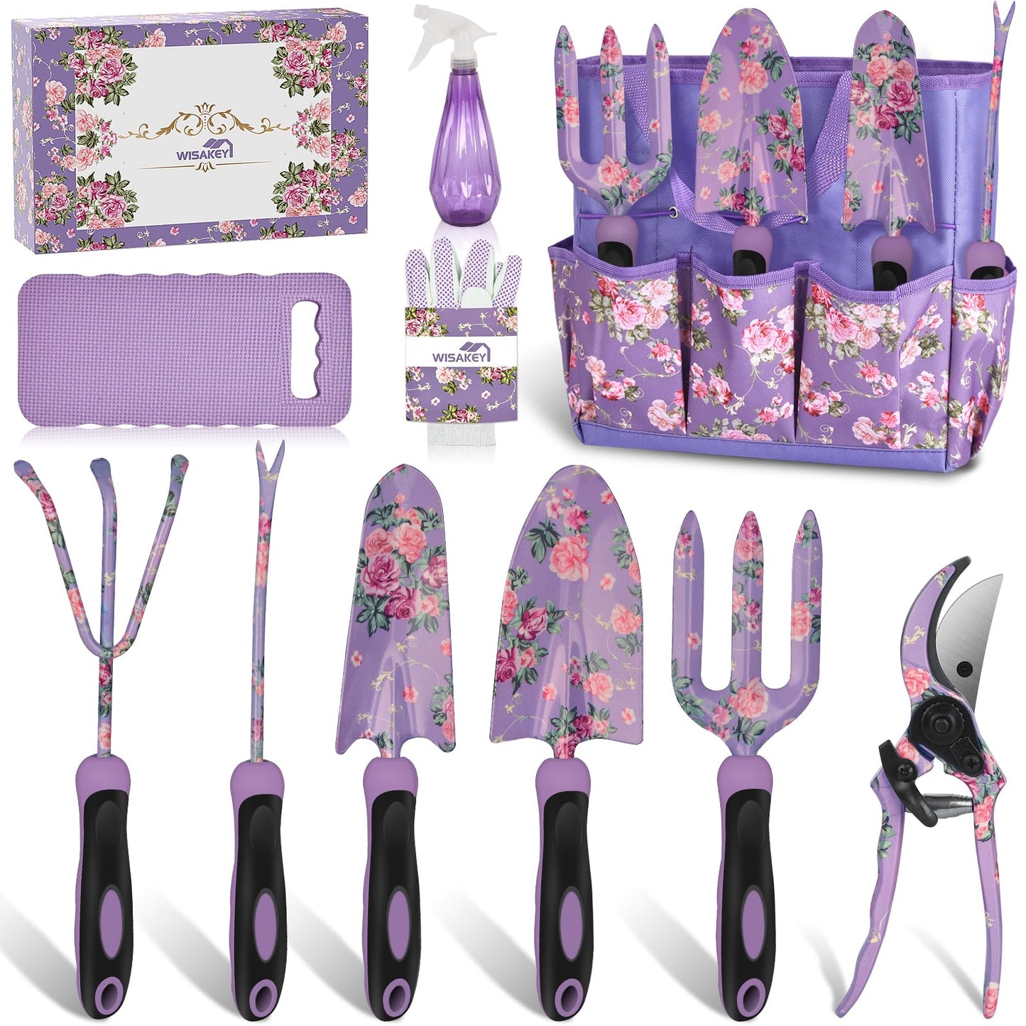 Gardening Tools, WisaKey 10 Piece Heavy Duty Purple Garden Tool Set Durable Garden Supplies Organizer Bag Garden Hand Tools Grandmother Granny for Woman Mothers