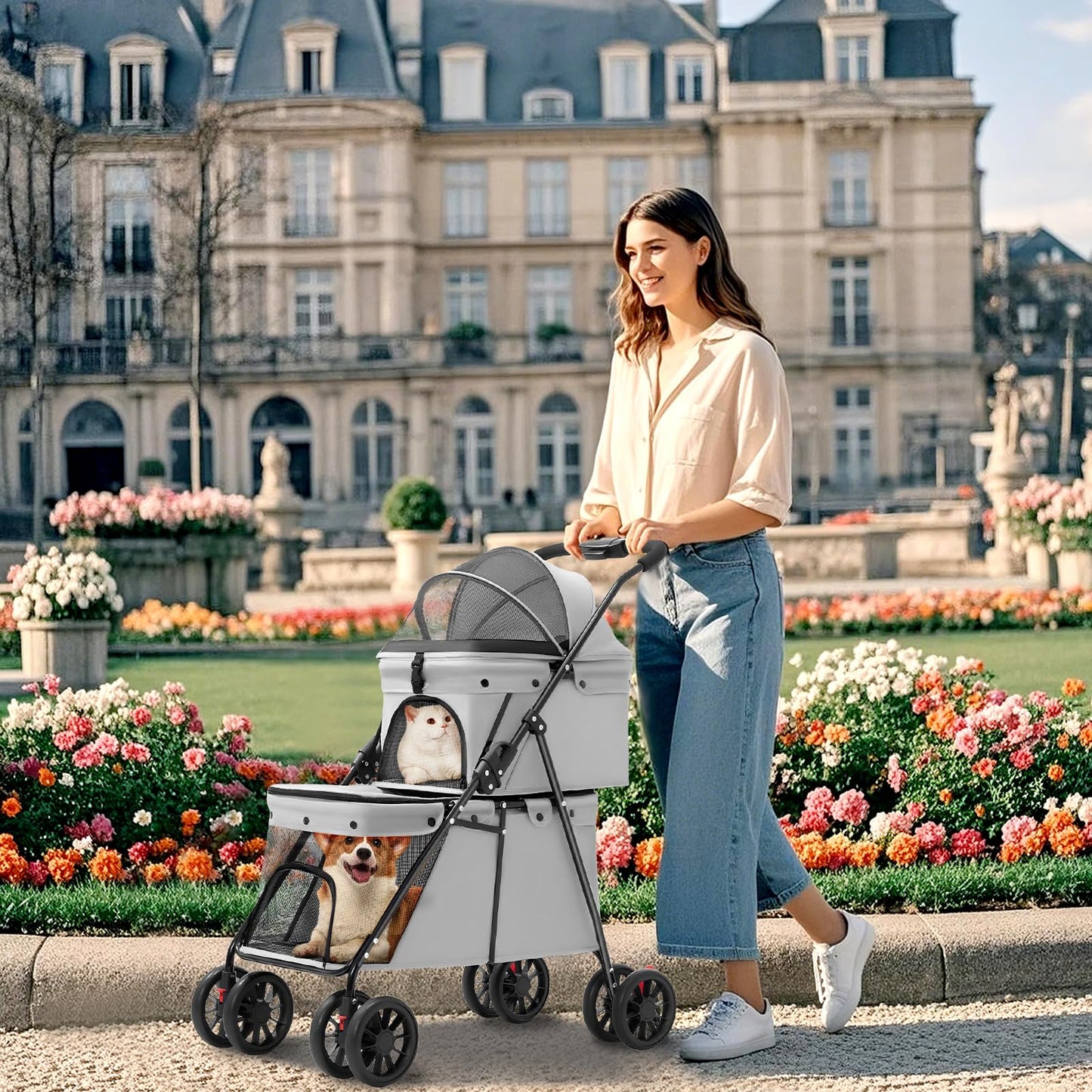 Double Pet Stroller for Medium Small Dogs and Cats with 2 Carriage, Durable Universal Wheels with Brakes Lightweight One Hand Foldale Kittens Puppies Travel Strolling Cart (Gray)