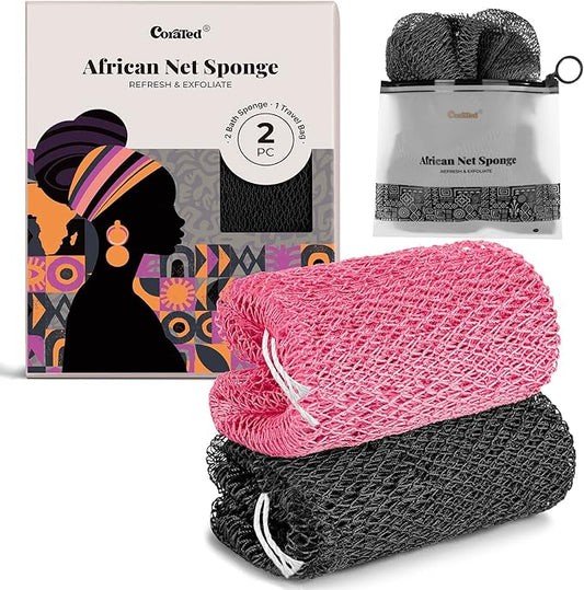 CORATED Authentic African Net Sponge with Knots, Shower Loofah Exfoliating Bath Sponge, Body Scrubber for Women and Men Daily Use Body Care, Travel Portable, Durable Bath Accessories for Bathroom