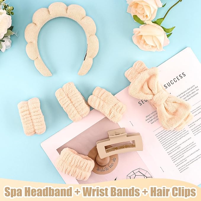 Canitor Spa Headband Wrist Bands Hair Clips Set Skincare Makeup Self Skin Care Hair Band for Women Washing Face Vanity Accessories Things Teens Teenager Tween Clean Girl Gifts Cute Trendy Stuff
