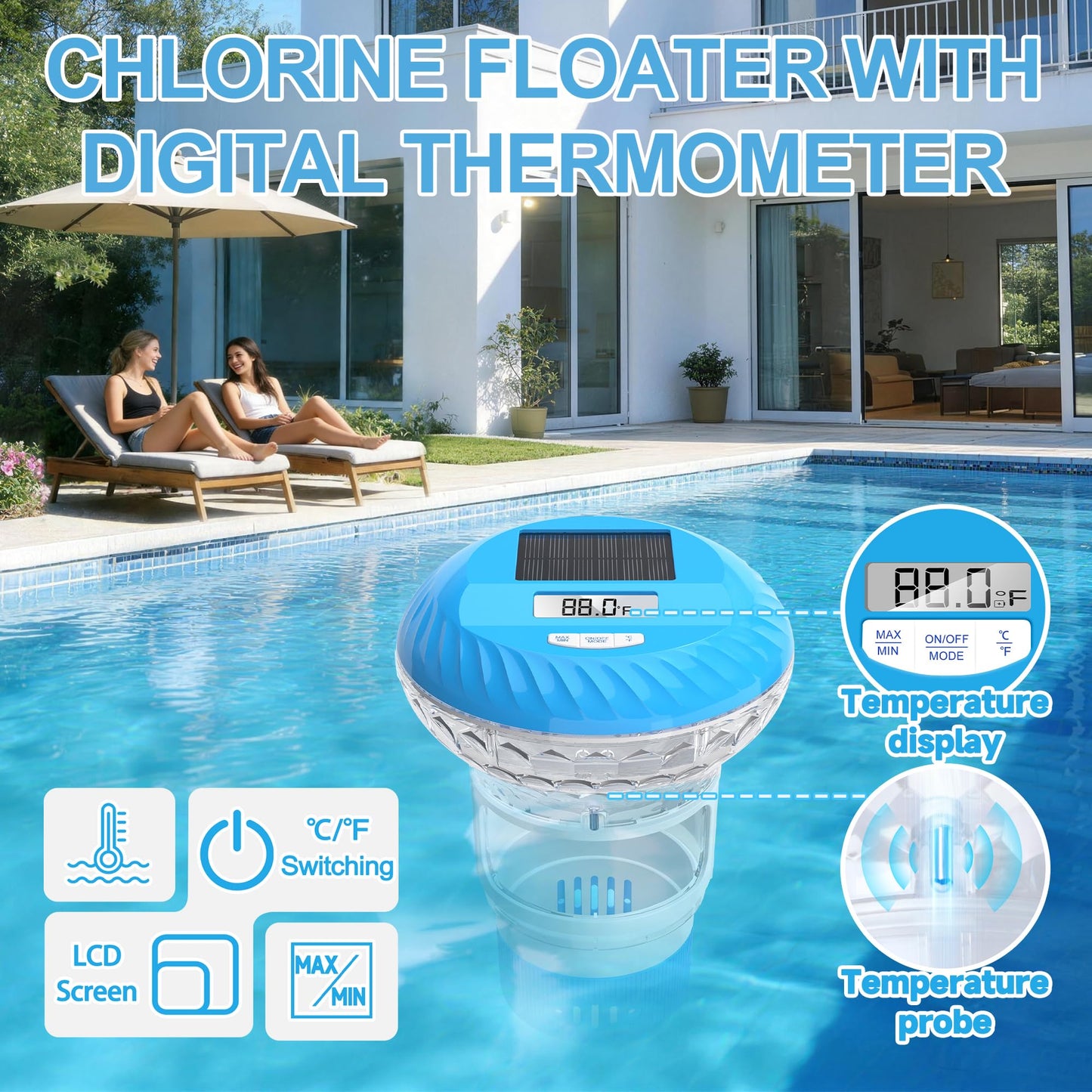 AquClor 2026 Upgraded Pool Chlorine Floater with Thermometer,Digital Screen Solar Chlorines Floaters w/Light,Chlorine Floater w/Adjustable Release,Floating chlorines Dispenser for Pool,Hot Tub,Blue