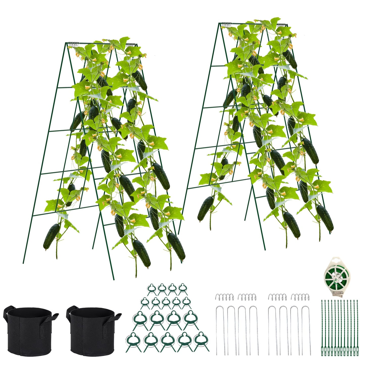 Toriexon Foldable Cucumber Trellis - 2 Pack, A-Frame Garden Trellis 46" L x 18" W, Steel Climbing Plants Support Raised Bed Trellis with Twist Ties & Plant Bags for Climbing Plants Outdoor