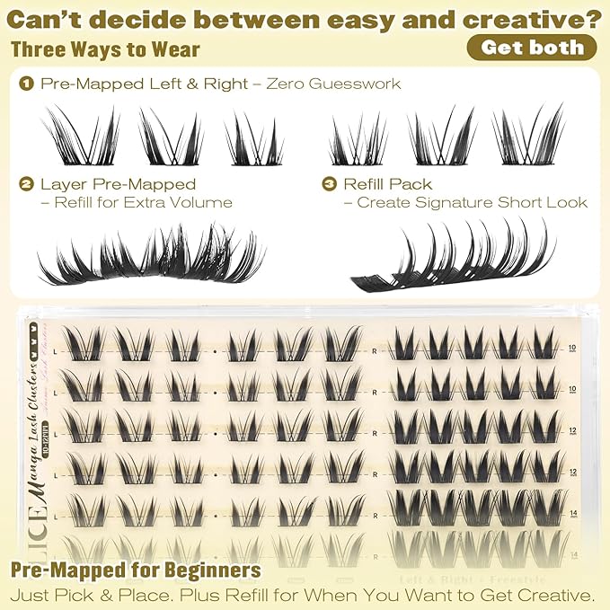 ALICE Bunny Lash Clusters with Spikes Eyelash Clusters 10-14mm Cluster Eyelash Extensions Manga Left & Right Lash Extensions Anime Individual Lashes