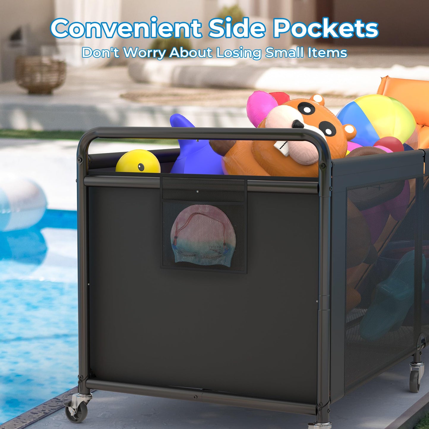 StorageWorks 295 Gallon Pool Float Storage, Mesh Pool Toy Storage Bin with Wheel and Side Pockets, Large Swimming Organizer, Outdoor Noodles Holder, Black