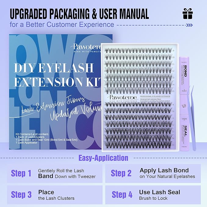 Pawotence Lash Extension Kit DIY 280pcs Individual Lash Clusters Kit 20D&30D Natural 9-15mm Cluster Eyelash Extensions Kit with Lash Bond and Seal, Tweezers for Self Use (20D&30D, 0.07D, 9-15mm, Kit)
