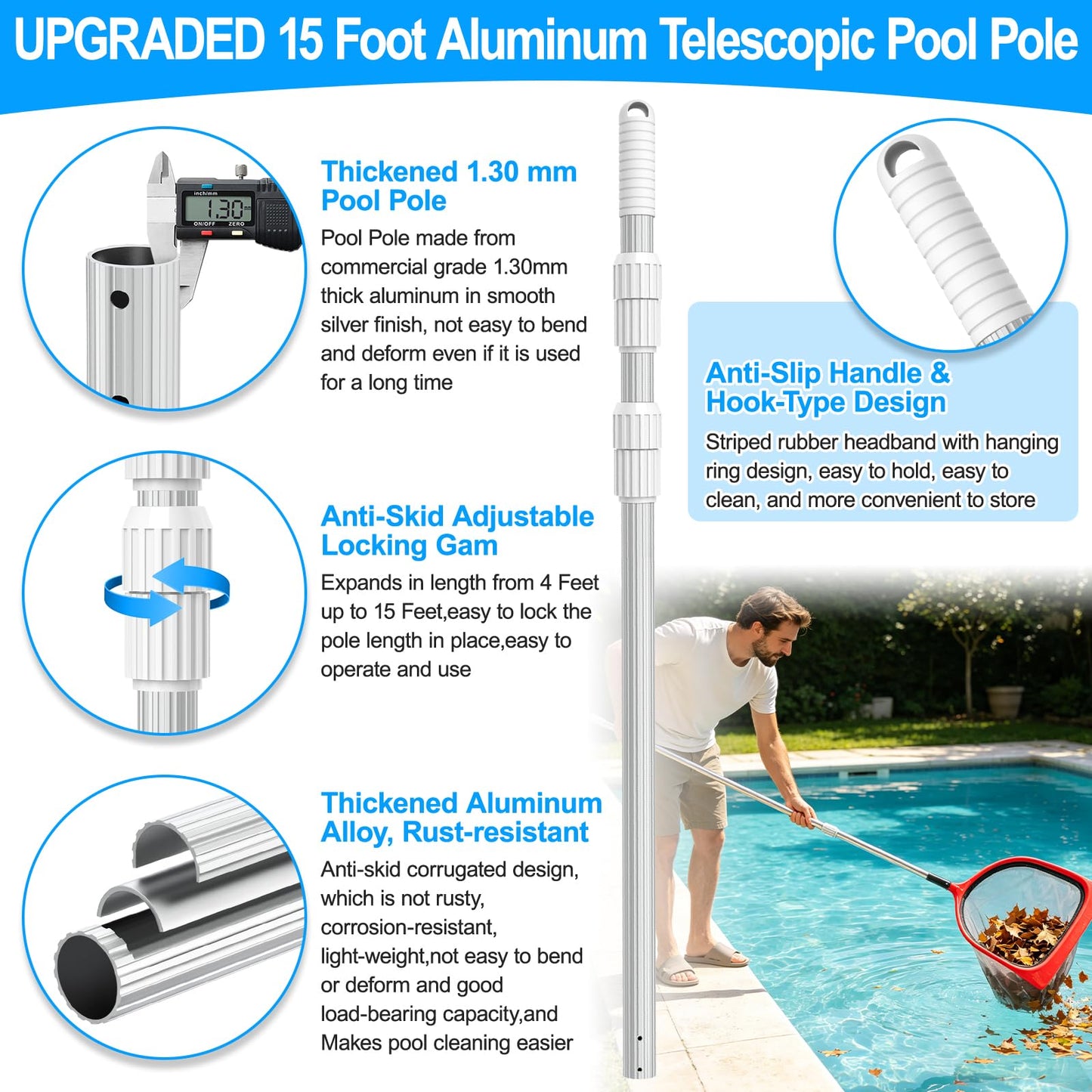 UPGRADED Pool Pole 15 Foot Telescopic Swimming Pool Poles,Telescopic Pool Cleaning Pole,Adjustable Professional Pole for Skimmer Net,Rake,Brush,Vacuum Head,Heavy Duty Aluminum Thicken 1.3mm Pole