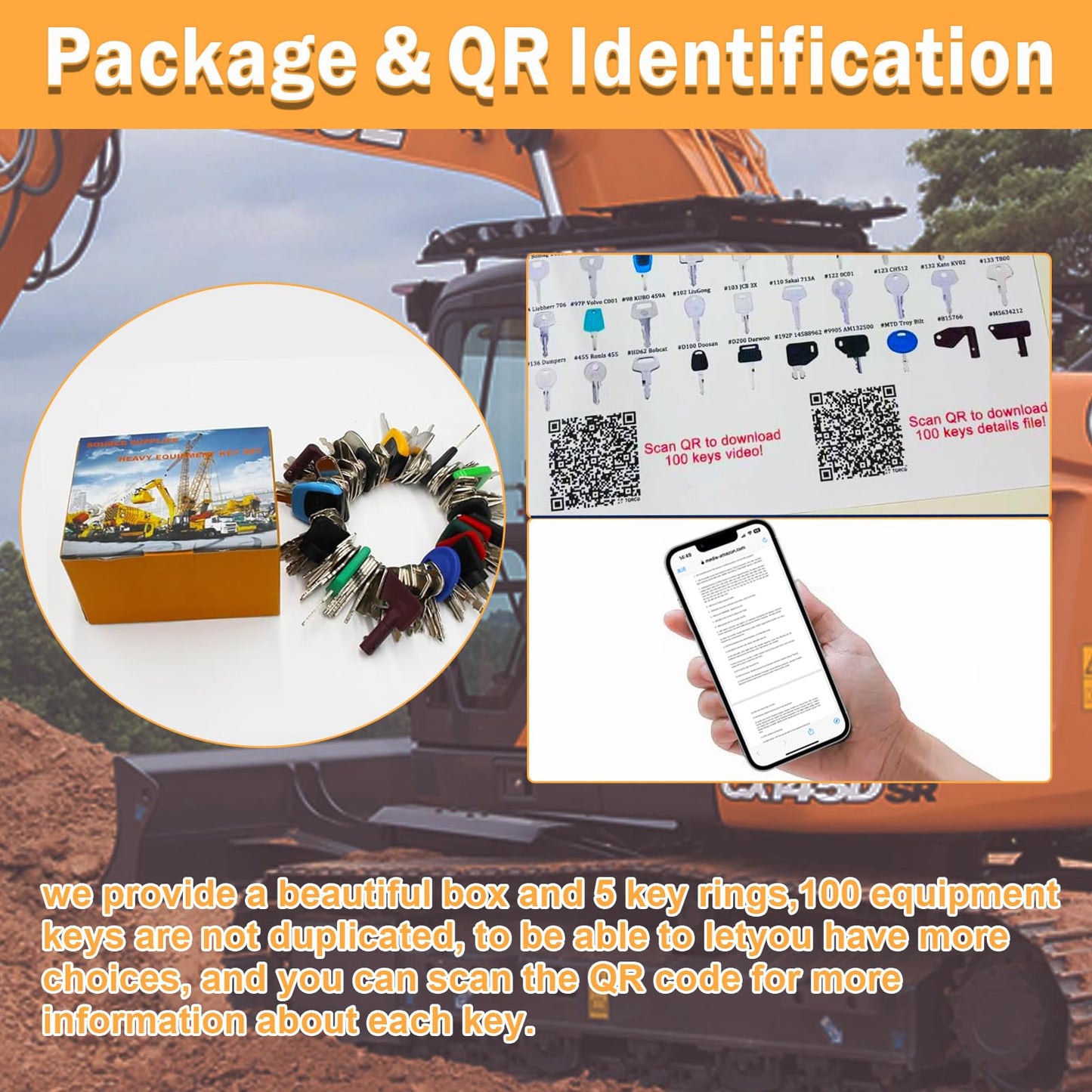 100 Non-Repeating Full Range Master Equipment Key Set, Original Heavy Construction Excavator Dumper Dozer Ignition Key for CAT Kubota John Deere JCB Yanmar Takeuchi Komatsu Volvo Toyota and More