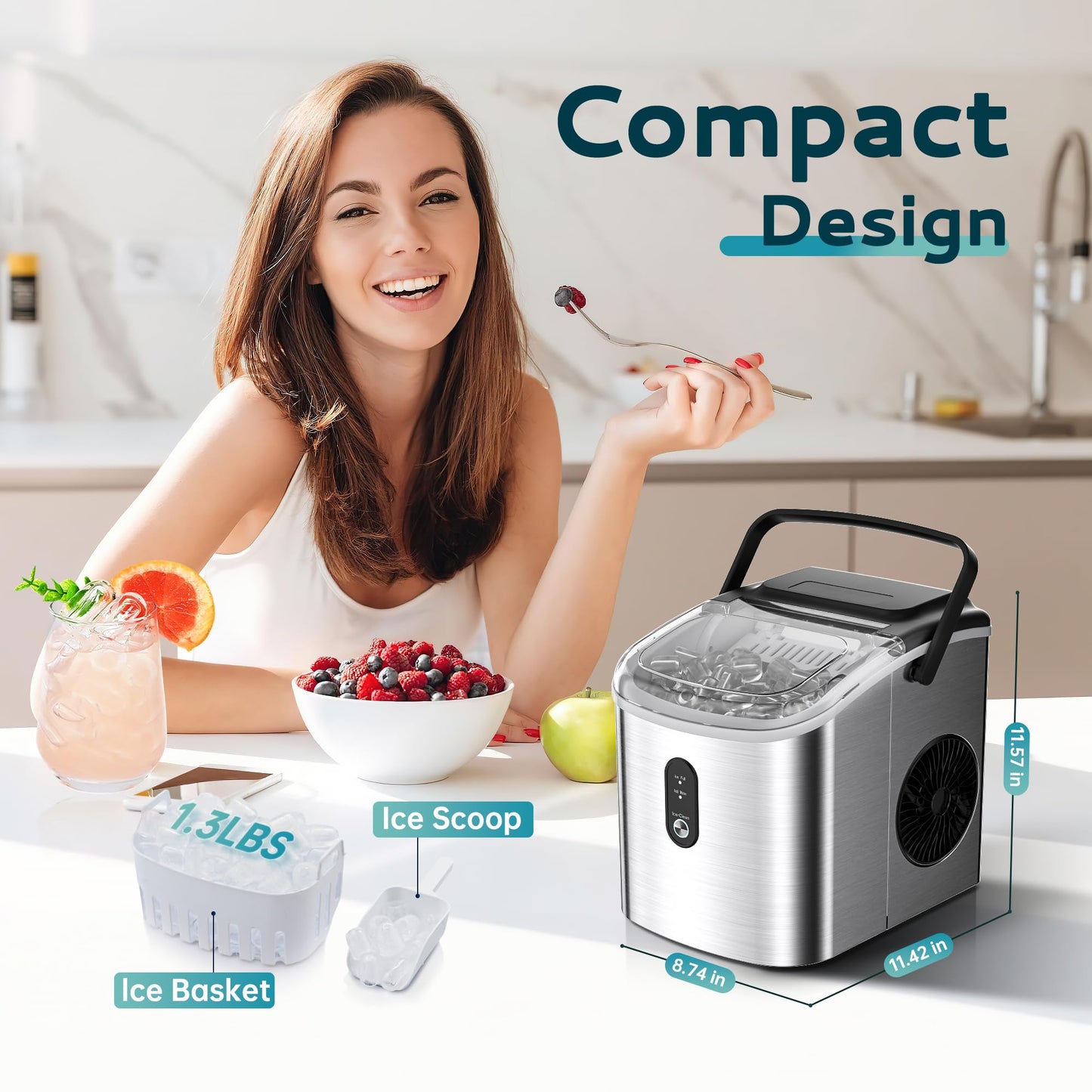 EUHOMY Ice Maker Countertop, Portable Ice Machine with Carry Handle, 26.5lbs Per Day, 9 Cubes in 6 Mins, Auto-Cleaning, with Basket and Scoop, for Home, Kitchen, Camping, RV
