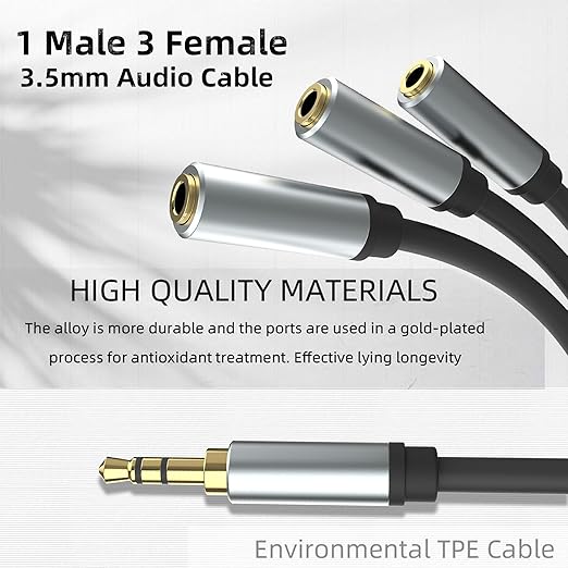 sovunis 3.5mm Stereo Audio Splitter Cable, Gold Plated 3.5mm (1/8") TRS 1 Male to 3 Female 3-Way Stereo Aux Splitter 1 Input 3 Output Stereo Audio Distributor Cable (3-Pole)