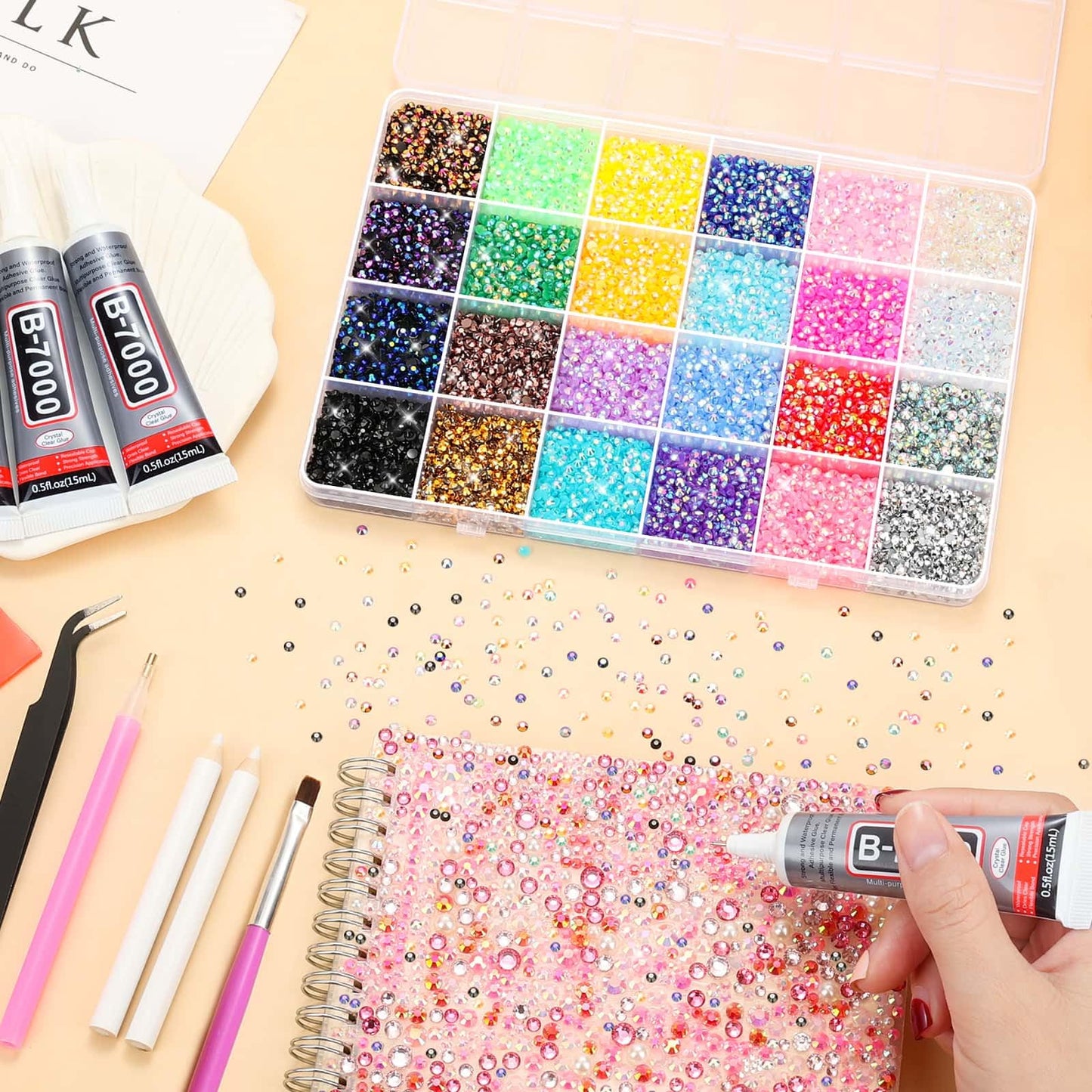 B7000 Glue with Rhinestones for Bedazzling Crafting, 31200Pcs Rainbow Crystals 3MM Flat Back Gems with Jewelry Glue Adhesive for DIY Graduation Cap Decorations Phone Case Wedding Shoes