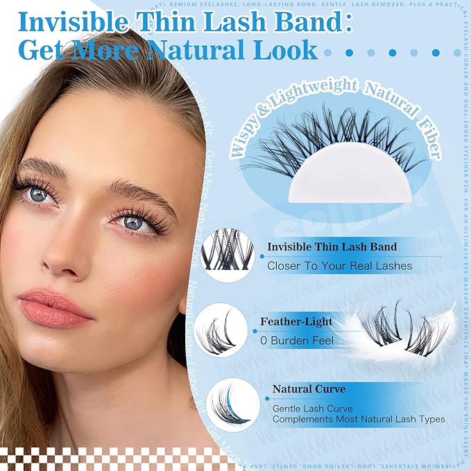 Spider Lash Clusters Kit Breeze D Curly Eyelash Clusters Natural Wispy Lash Extension Kit 8-16MM Fluffy Spider Cluster Eyelash Extensions Clear Thin Band with Lash Bond and Seal DIY Lash at Home