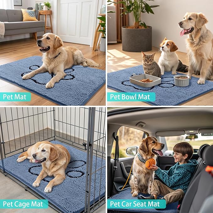 Smiry Dog Door Mat for Muddy Paws, Absorbent Dirt Trapper Non Slip Quick Dry Washable Chenille Mat for Mud Dogs, Entry Rug for Indoor and Outdoor (48x30 Inches, Airy Blue and Black)