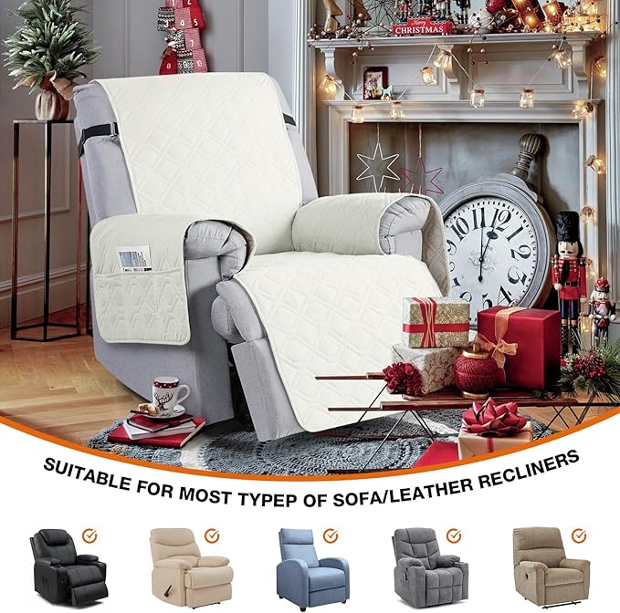 VANSOFY 100% Waterproof Recliner Chair Covers, Recliner Cover Non-Slip Dog Chair Cover Furniture Protector Washable Slipcover with Pocket, Elastic Straps for Pets, Dogs(Off White, 30")