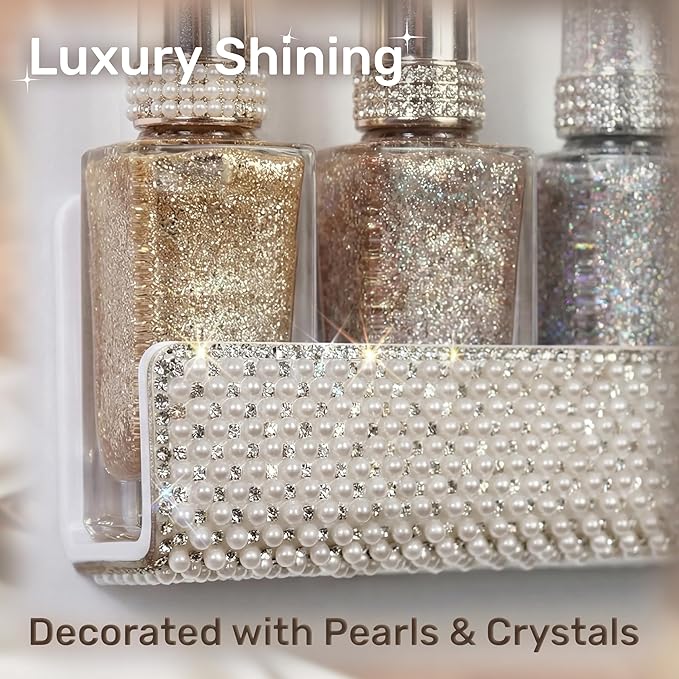 YMVV Nail Polish Wall Shelf - 15-Inch Pearls Diamond Crystal Display & Organizer Rack, Holds 60+ Polishes, Soft Ledge for Bedroom, Bathroom, Salon,6 Pack