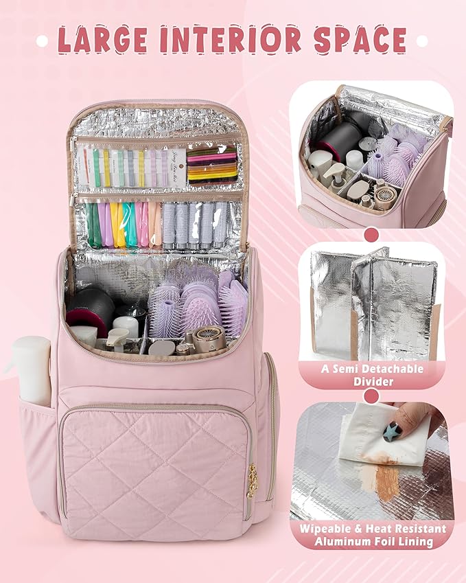Insulated Hairstylist Travel Bag Backpack with Detachable Dividers and Multiple Pockets, Quilted Hair Tool Travel Bag with Multiple Pockets for Hairstylist and Barber, Pink