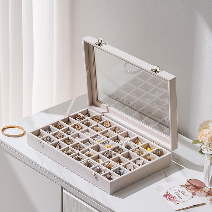 48 Grid Earring Organizer and Storage: Velvet Jewelry Tray with Lid, Jewelry Box for Studs, Earrings, Rings, Necklaces, Dresser & Vanity, Earrings Case for Girls, Women, 13"x8.6"x2.4", Beige