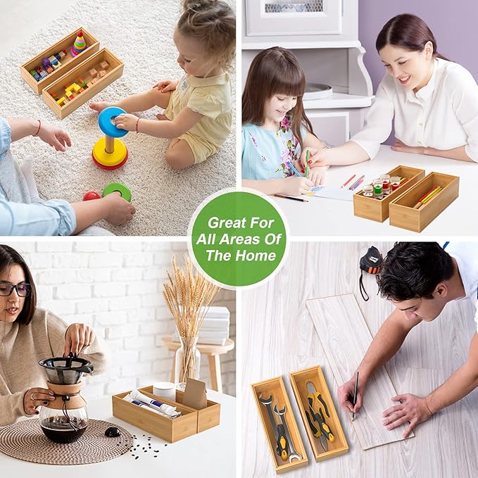 Lixple Bamboo Drawer Organizer Ã¢ÂÂ Set of 2 Stackable Storage Boxes, Silverware Tray & Small Gadget Holder for Kitchen Drawers, 9" x 3" x 2" (Outer), 8.3" x 2.3" x 1.77" (Inner)