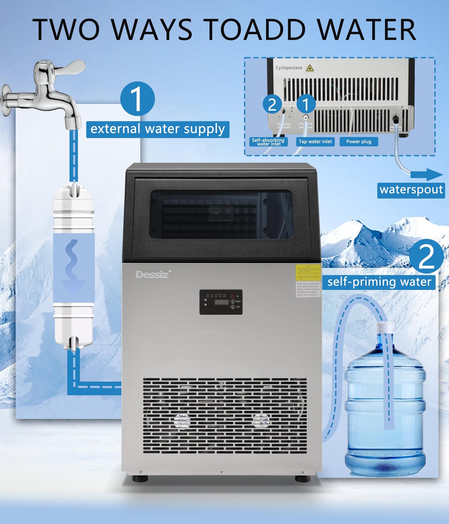 Dessiz Commercial Ice Maker, 130Lbs/24H 40Lbs Storage, 55Pcs Clear Ice in 8-15Mins, Under Counter Stainless Steel Ice Machine with Self-Cleaning & Blue Light, Quiet for Home Bar Restaurant Party