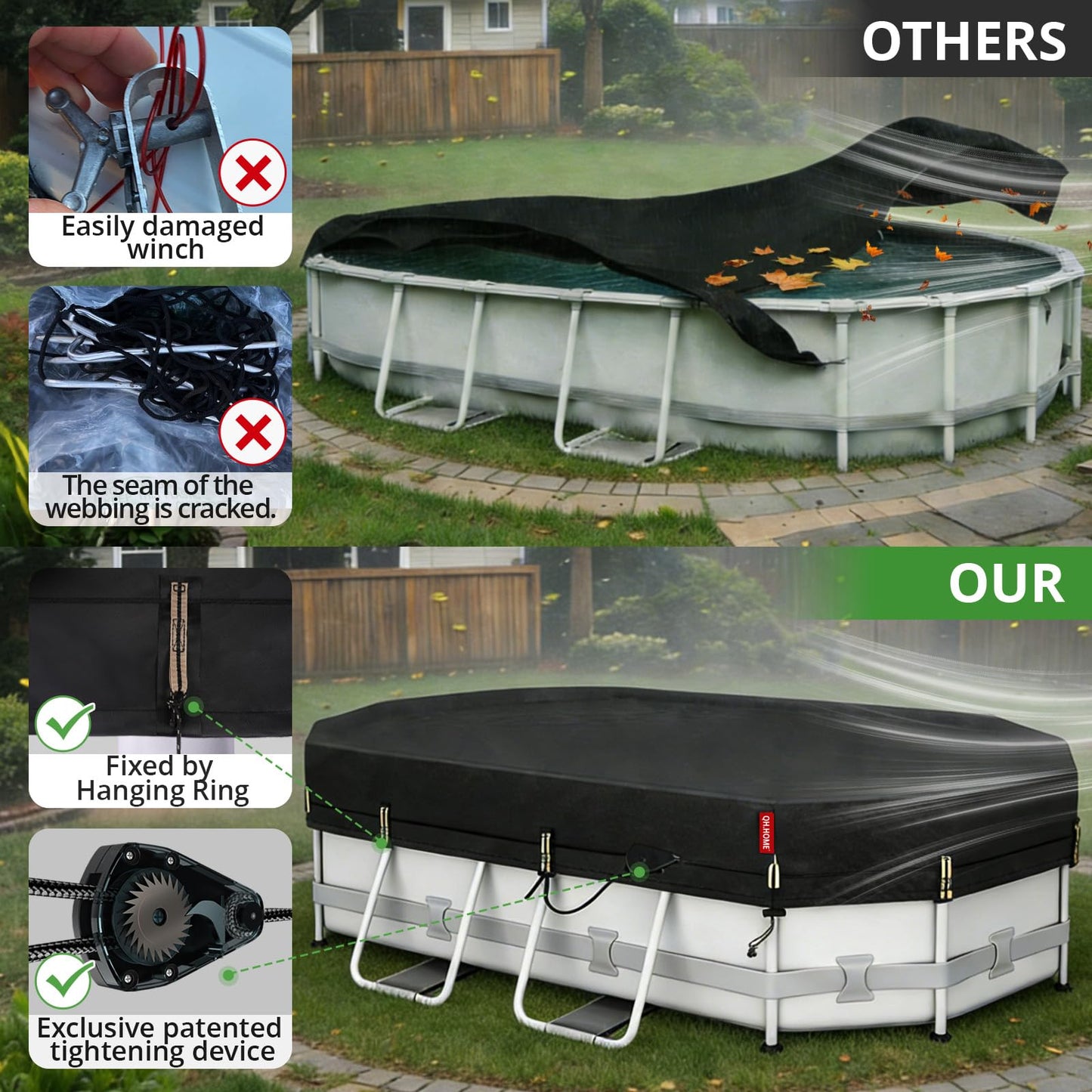 QH.HOME 12X20ft Oval Pool Cover,[Ultimate Windproof & Tear-Resistant Fabric],Snug Fit with Patented Ratchet & Weight Rings,Solar Pool Cover for Above Ground Pools, Blocks Leaves &Waterproof
