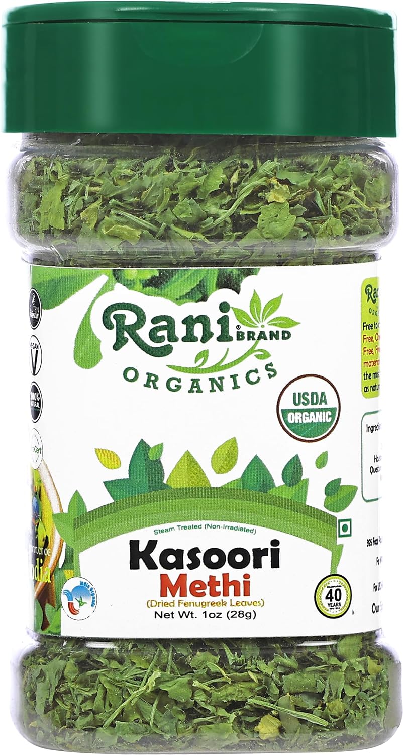 Rani Organic Fenugreek Leaves Dried (Kasoori Methi) 1oz (28g) PET Jar ~ All Natural | Vegan | Gluten Friendly | NON-GMO | Kosher | Indian Origin | USDA Certified Organic