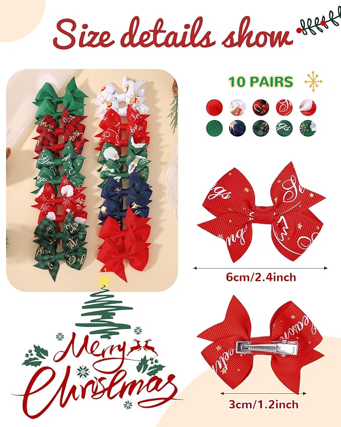 doboi 20PCS 2.4'' Baby Hair Clips Small Bows Fully Lined Grosgrain Boutique Solid Ribbon Small Bows for Girls Teens Infants Kids Toddlers Newborn (CHRISTMAS)