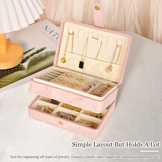 MODENGKONGJIAN Jewelry Organizer Box, 2-Layer Large Jewelry Storage Case, Portable Travel Jewelrys Display Holder for Earrings, Necklaces, Bracelets (Pink,Velvet)
