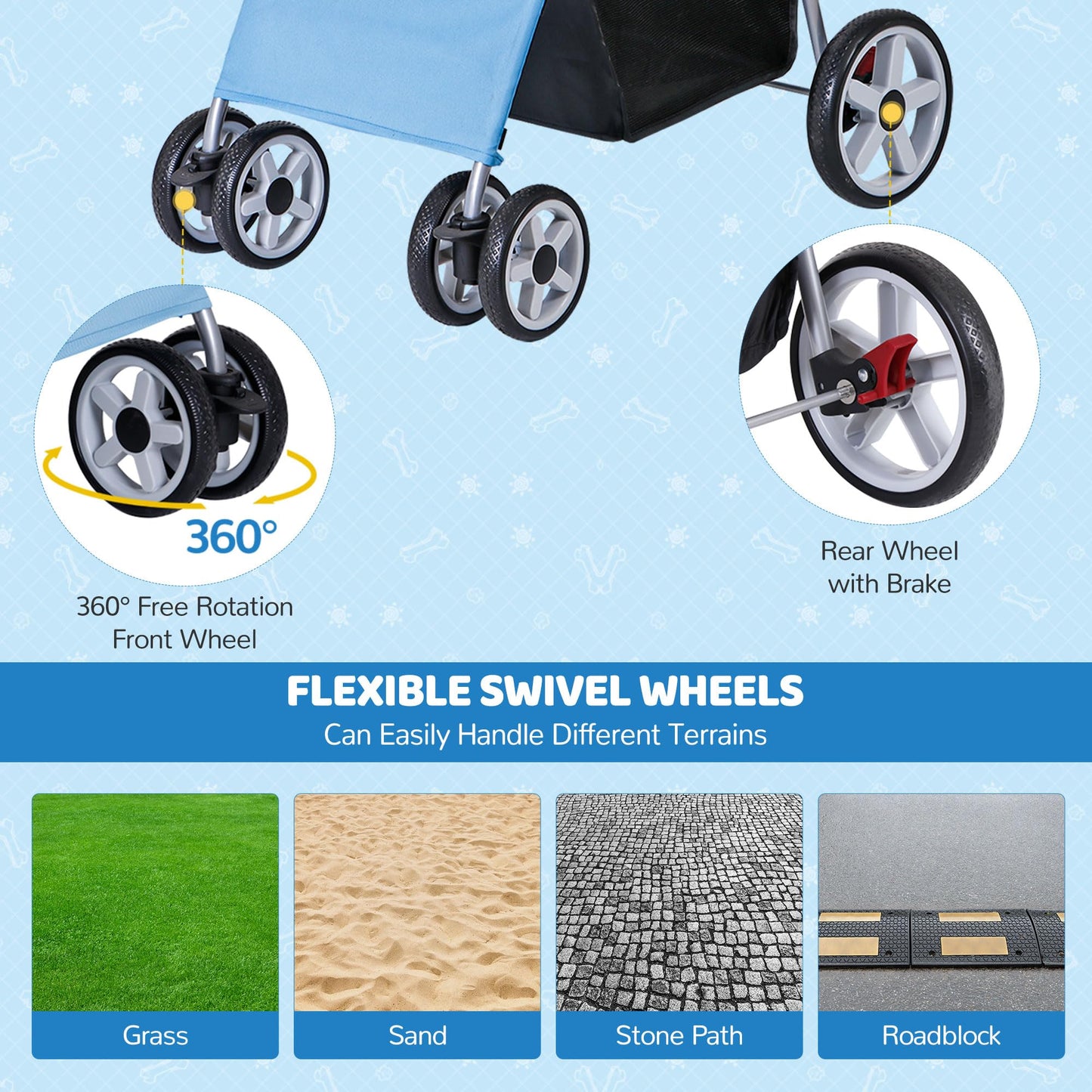 ZENY Foldable Pet Stroller, Cat/Dog Stroller with 4 Wheel, Pet Travel Carrier Strolling Cart with Storage Basket, Cup Holder (Blue)