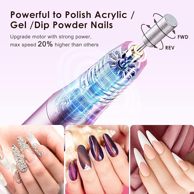 COSLUS C20 Cordless Nail Drill Electric File: Professional for Acrylic Gel Dip Powder Nails Portable Nail Drill Machine Kit for Manicure Pedicure Nail Set with Everything Rechargeable Lightweight