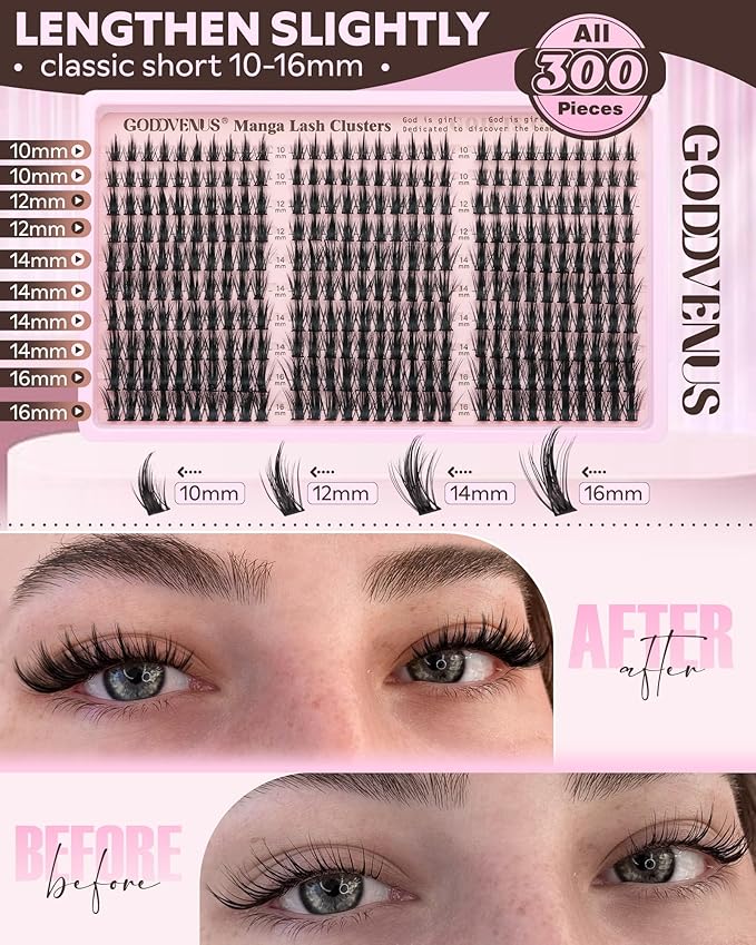 Goddvenus Manga Lash Clusters Natural Wispy 300 Pcs Fairy Eyelash Clusters 10-16mm Fluffy Cluster Eyelash Extensions Anime Cosplay No Plastic Feel Individual Lash Extension CC Curve