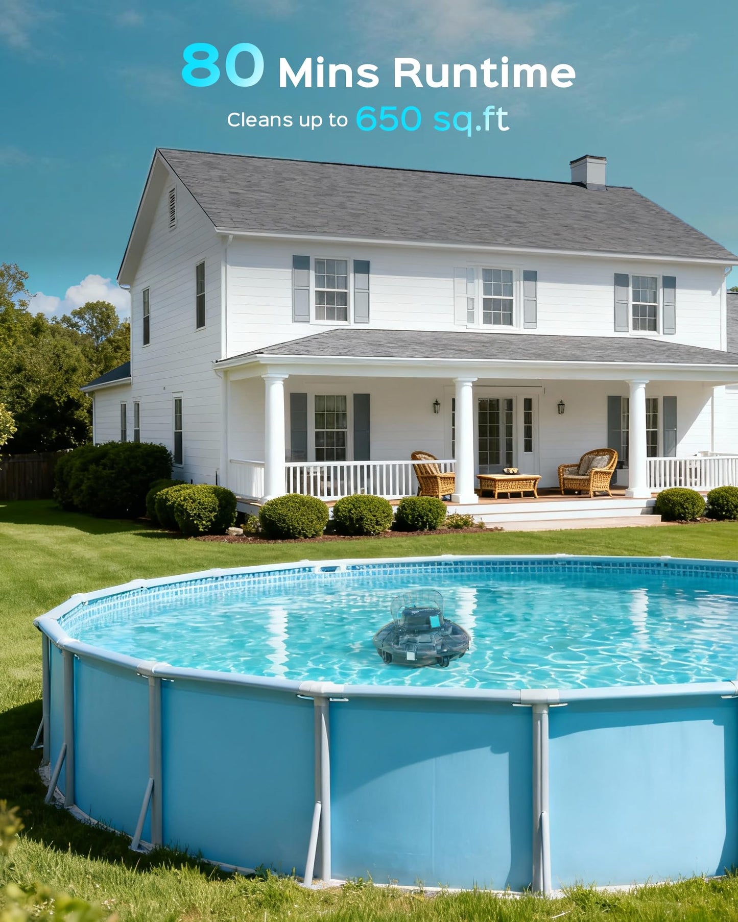 (2026 Upgrade) Cordless Robotic Pool Cleaner, Lasts 80 Min, Automatic Vacuum for Above-Ground Pools up to 650 Sq.ft,Portable, Self-Parking(Black Blue)