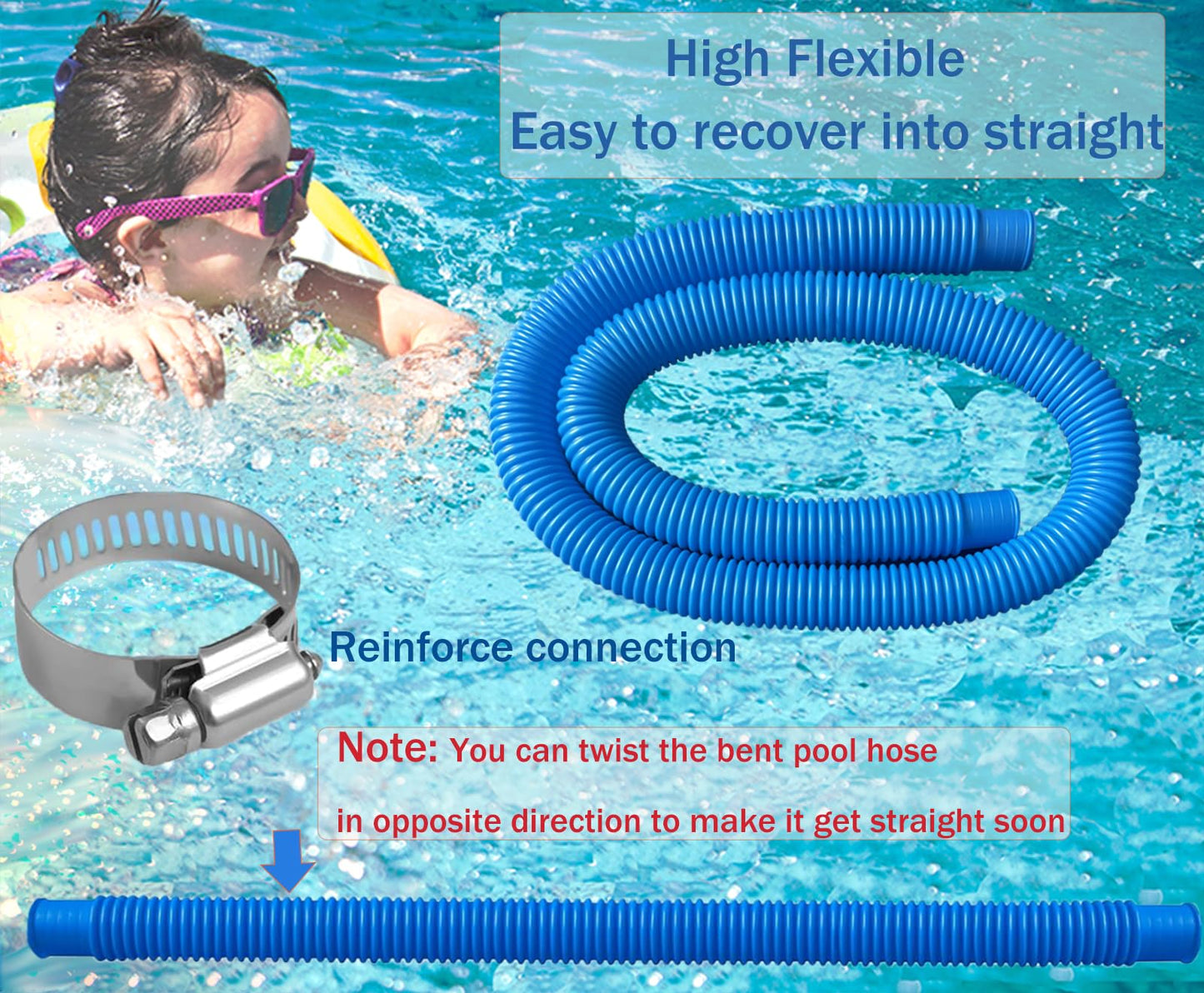 Hxxyilok Pool Hoses Pool Pump Replacement Hose, 1.25 x 59 inch Above Ground Pool Hoses Tubes Compatible with Intex Filter Pump 607, 603, 637, 2 Pack Hose 4 Clamps Poolhose-2Pcs