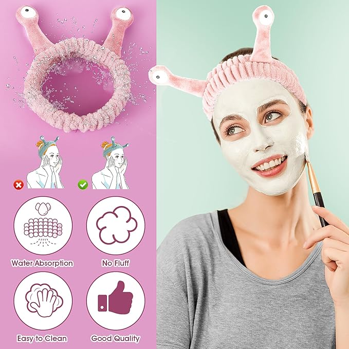 Face Wash Headband, Palm and Snail Spa Hair Bands Makeup Headbands Women Cartoon Cute Coral Fleece Elastic Headband Creative Hair Accessories for Washing Face Shower Sports (Light pink)