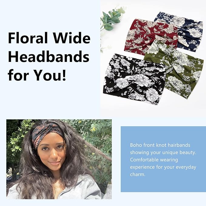 Tobeffect Wide Headbands for Women, 7'' Floral Printed Turban Headband Boho Hairband Twist Hair Accessories, 6 pack