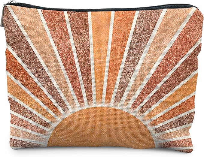 Boho Makeup Bag - Vintage Neutral Sun Cosmetic Bags for Women, Summer & Beach Use