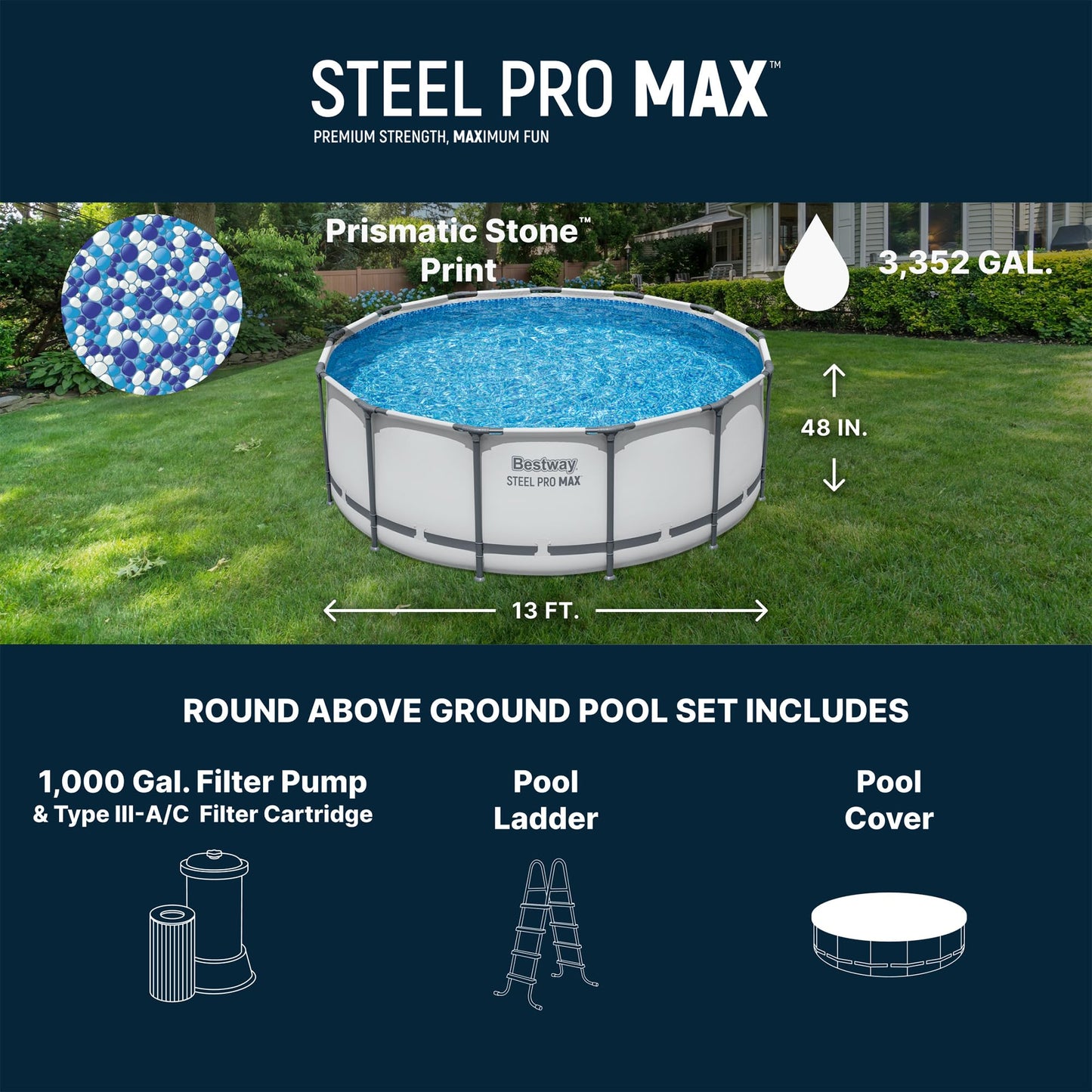 Bestway Steel Pro MAX 13' x 48" Above Ground Pool, Round Metal Frame Outdoor Swimming Pool Set with Filter Pump, Ladder, and Cover, Gray