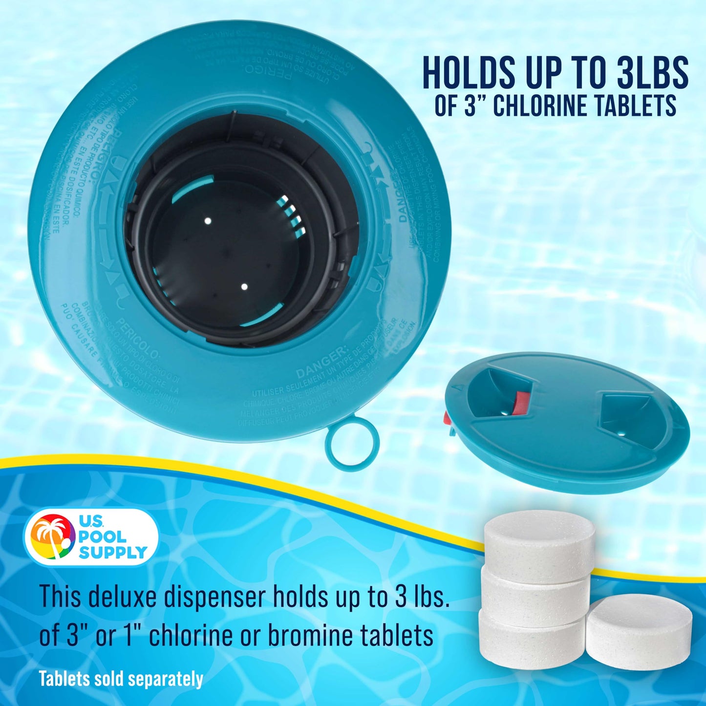 U.S. Pool Supply Pool Chlorine Floater Dispenser with Lid Lock - Large 7" Floating Chlorinator, Holds 3 Tablets - Inground & Above Ground Swimming Pools - Adjustable Flow, Balanced Chemical Delivery