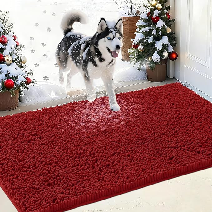 IM HOME Chenille Absorbent Outdoor Doormat 30" x 20", Washable Muddy Door Mats for Dog Non Slip Indoor Doormat Dog Mat for Muddy Paw Front Inside Doormats for Entryway Red Burgundy